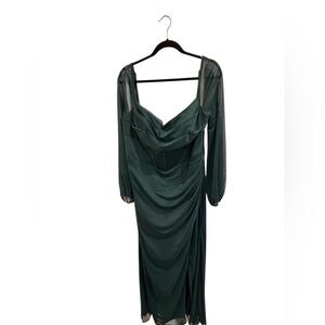 Azazie Green Ruched Gown with Bishop Sleeves